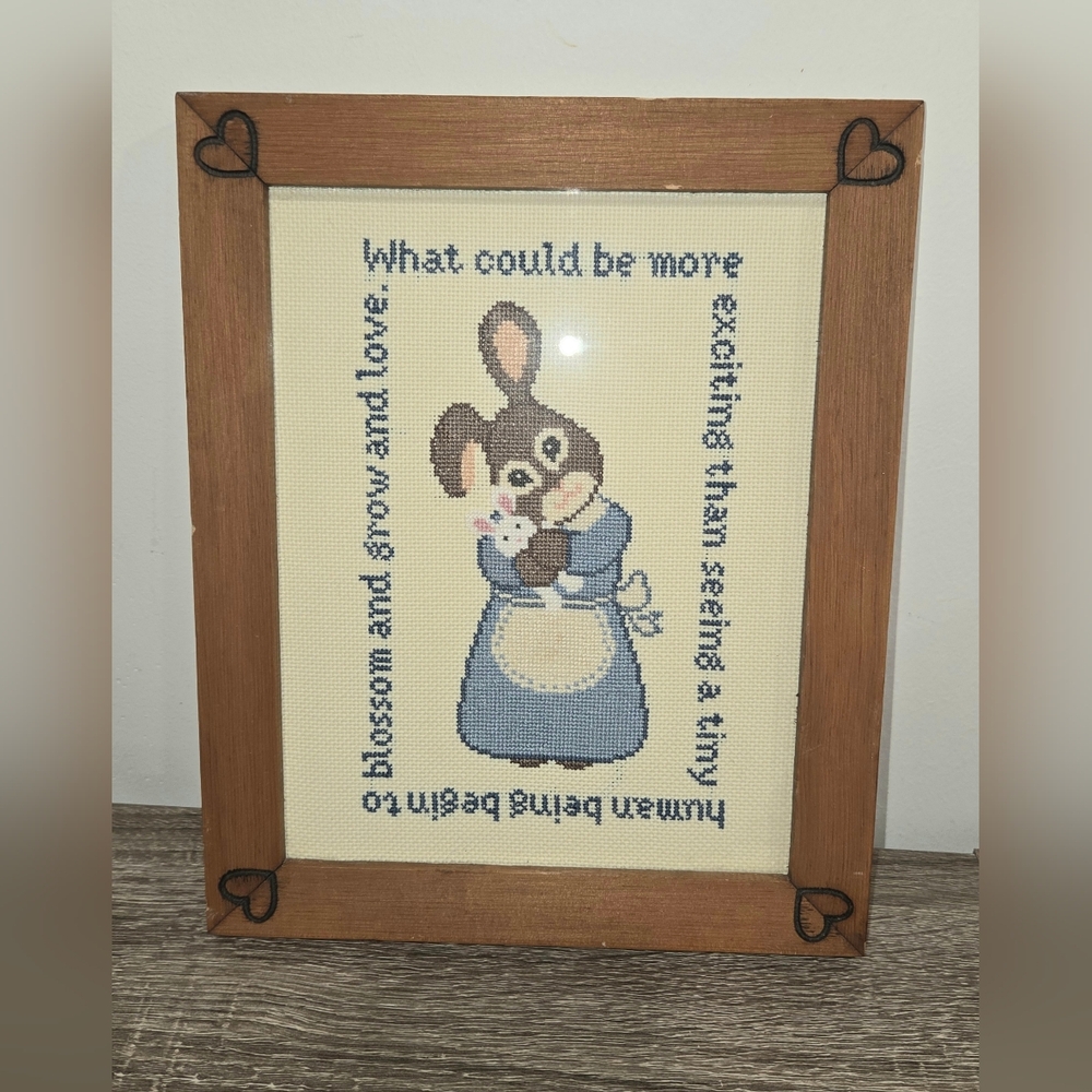 Framed Cross Stitch Art Rabbit Holding Baby Bunny with Sweet Quote Handmade SEE